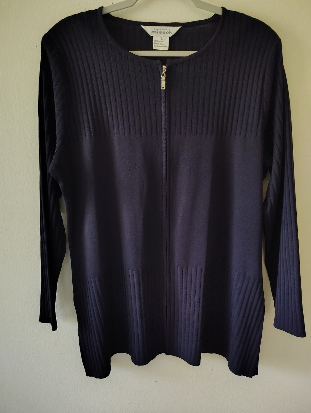 Misook Navy Zip Cardigan Large Classic Fall Lightweight Old Money Modest